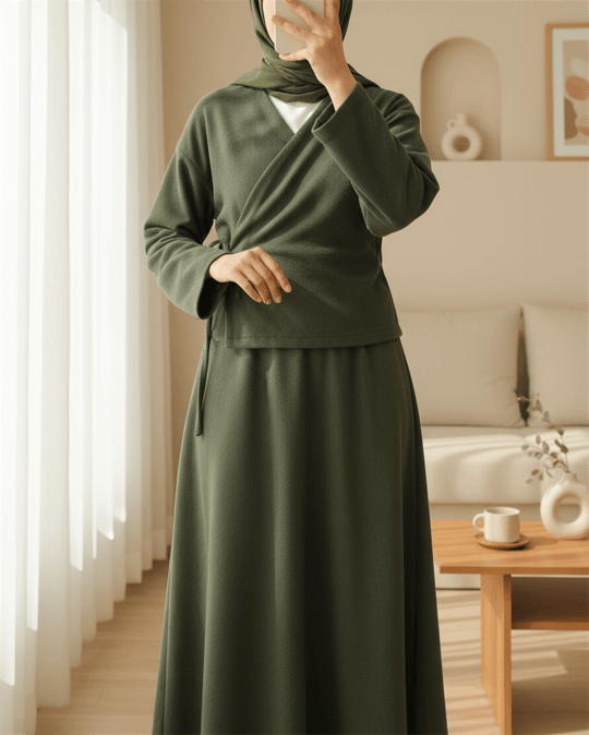 Önü Bağlamalı Etekli Kaşe Kimono Takım -Haki
