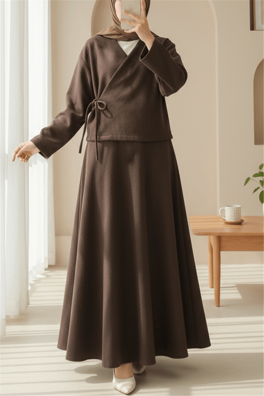 Önü Bağlamalı Etekli Kaşe Kimono Takım -Kahve