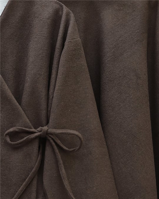 Önü Bağlamalı Etekli Kaşe Kimono Takım -Kahve