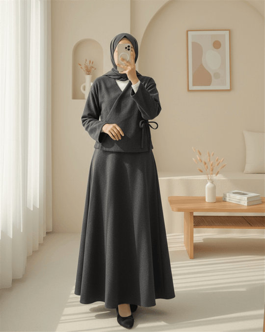 Önü Bağlamalı Etekli Kaşe Kimono Takım -Antrasit