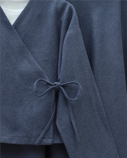 Önü Bağlamalı Etekli Kaşe Kimono Takım -İndigo