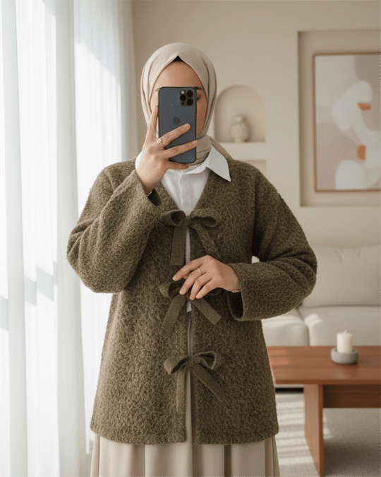 Önü Bağlamalı Kırçıllı Kaşe Ceket  -Açık Kahve