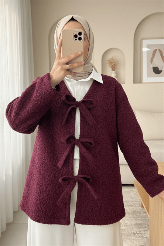 Önü Bağlamalı Kırçıllı Kaşe Ceket  -Bordo