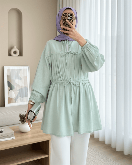 Önü Bağlamalı Kolları Lastikli Gömlek -Mint