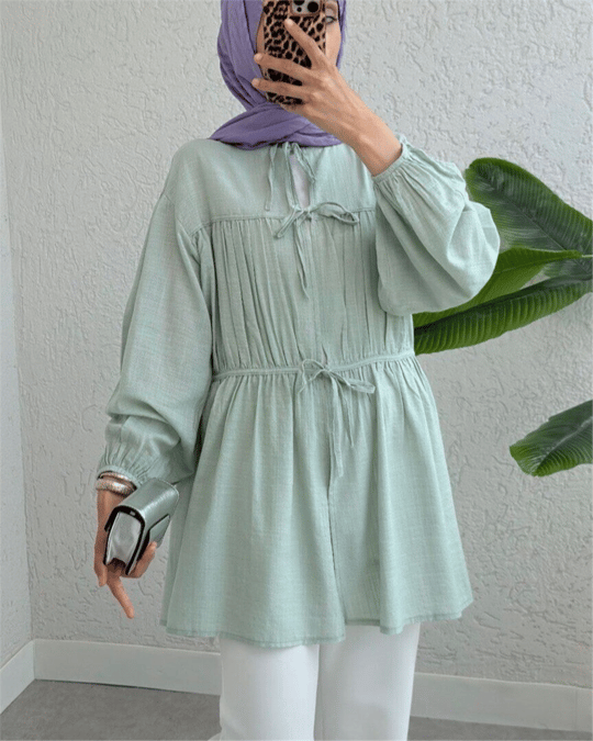 Önü Bağlamalı Kolları Lastikli Gömlek -Mint