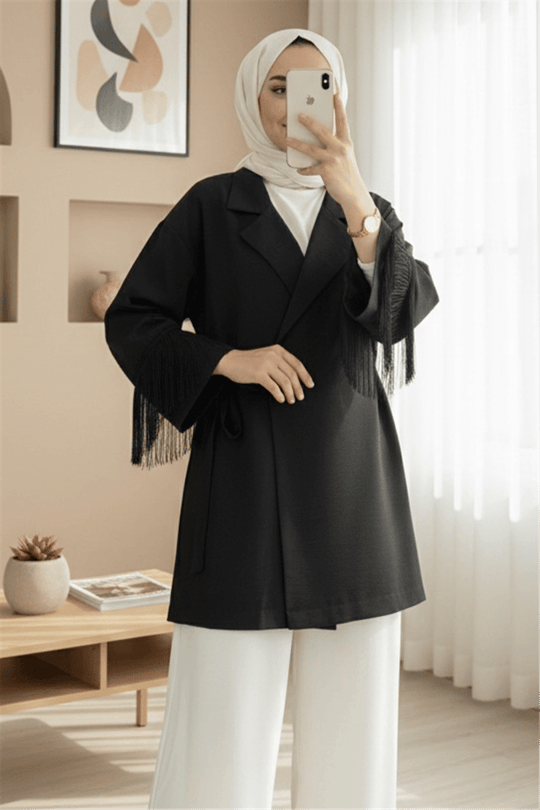 Önü Bağlamalı Kolu Püskül Detaylı Kimono Ceket -Siyah