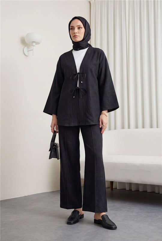 Önü Bağlamalı Pantolonlu Keten Kimono Takım  -Siyah