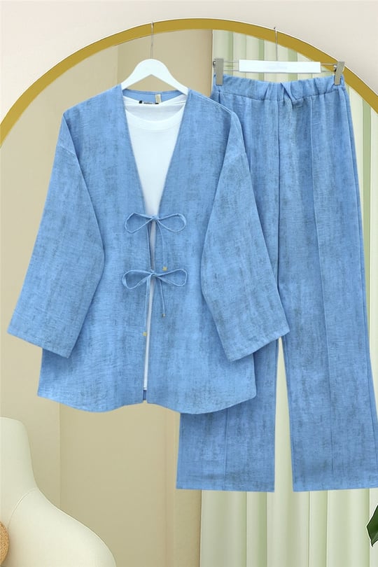 Önü Bağlamalı Pantolonlu Keten Kimono Takım  -Mavi
