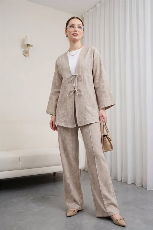 Önü Bağlamalı Pantolonlu Keten Kimono Takım  -Vizon