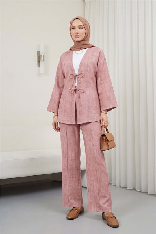Önü Bağlamalı Pantolonlu Keten Kimono Takım  -Pudra