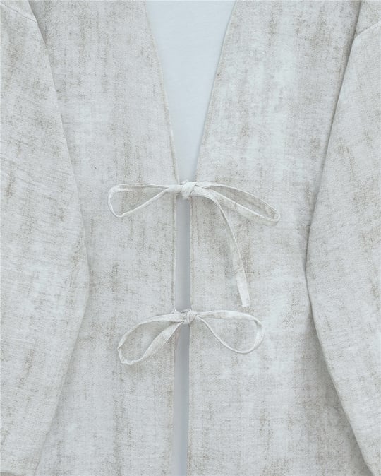 Önü Bağlamalı Pantolonlu Keten Kimono Takım  -Taş