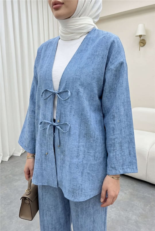 Önü Bağlamalı Pantolonlu Keten Kimono Takım  -Mavi