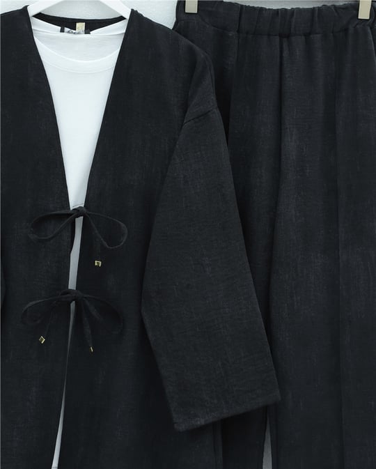 Önü Bağlamalı Pantolonlu Keten Kimono Takım  -Siyah