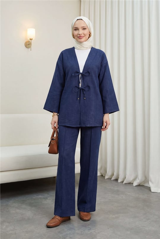 Önü Bağlamalı Pantolonlu Keten Kimono Takım  -Laci