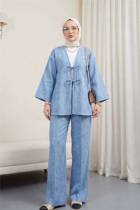 Önü Bağlamalı Pantolonlu Keten Kimono Takım  -Mavi