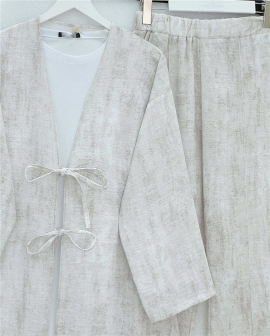 Önü Bağlamalı Pantolonlu Keten Kimono Takım  -Taş