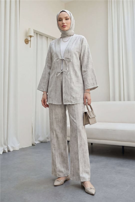 Önü Bağlamalı Pantolonlu Keten Kimono Takım  -Taş