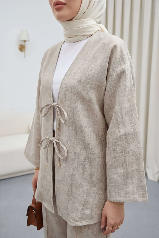Önü Bağlamalı Pantolonlu Keten Kimono Takım  -Vizon