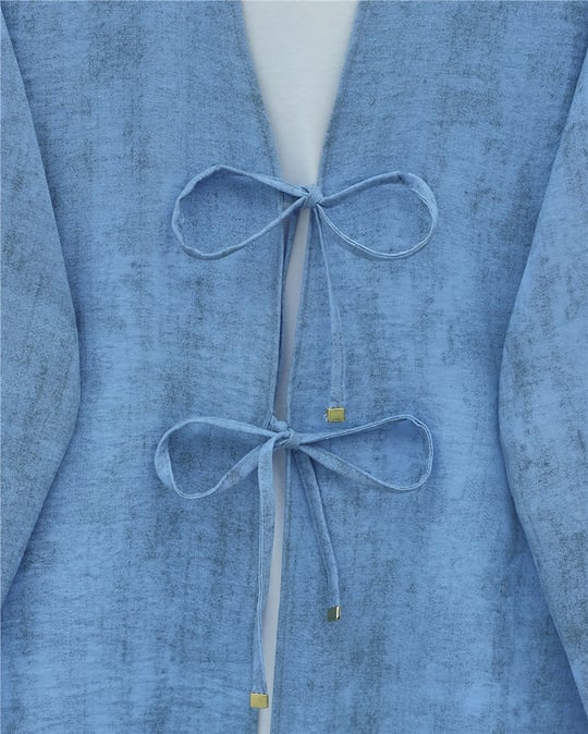 Önü Bağlamalı Pantolonlu Keten Kimono Takım  -Mavi