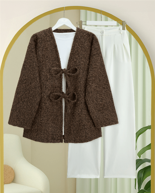 Önü Bağlamalı Sakallı Kimono -Kahve