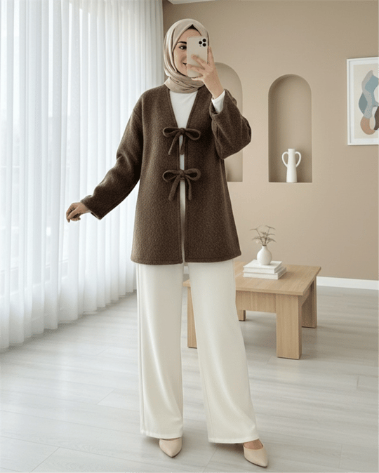 Önü Bağlamalı Sakallı Kimono -Kahve