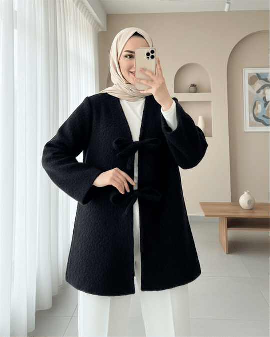 Önü Bağlamalı Sakallı Kimono -Siyah