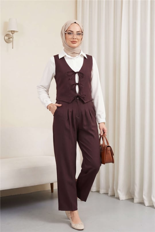 Önü Bağlamalı Yelek Pantolon İkili Takım    -K. Bordo