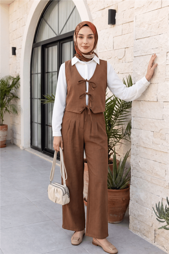 Önü Bağlamalı Yelek Pantolon İkili Takım    -Taba