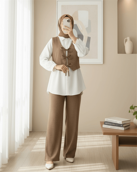 Önü Bağlamalı Yelek Pantolon İkili Takım   -Kahve
