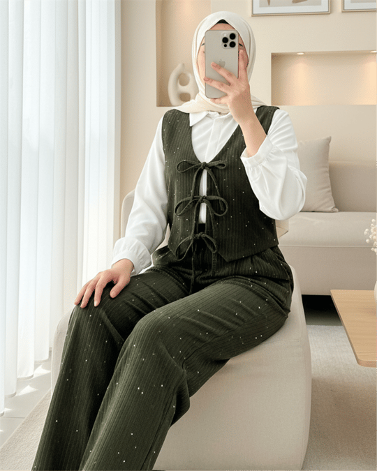Önü Bağlamalı Yelek Pantolon Kadife Takım  -Haki