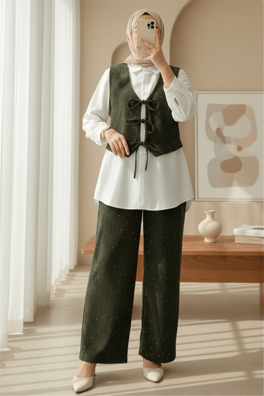 Önü Bağlamalı Yelek Pantolon Kadife Takım  -Haki