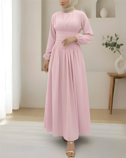Önü Büzgülü Kolu Lastikli Fermuarlı Poplin Elbise -Pembe