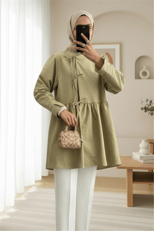Önü Çapraz Bağlamalı Parçalı Kimono -Zeytin
