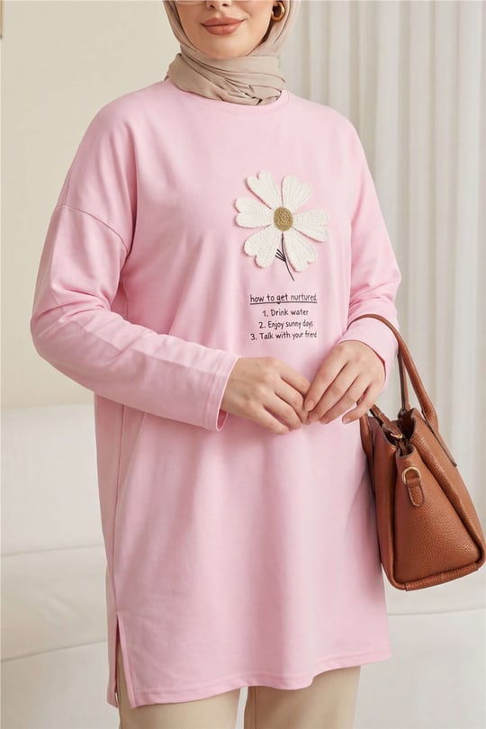 Önü Çiçek Nakışlı Bisiklet Yaka Penye Tunik -Pembe