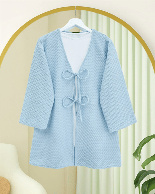Önü Çift Bağcıklı Petek Desen Kimono -Bebe Mavi