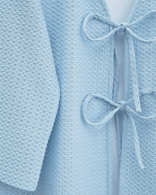 Önü Çift Bağcıklı Petek Desen Kimono -Bebe Mavi