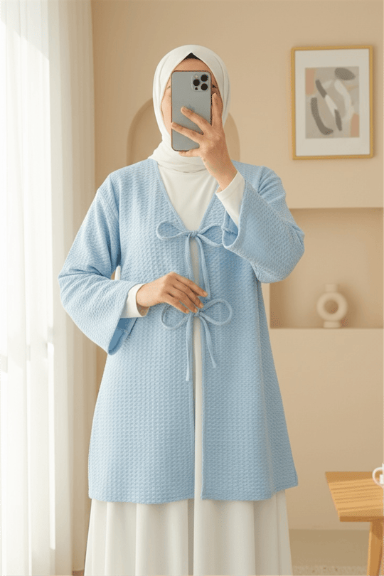Önü Çift Bağcıklı Petek Desen Kimono -Bebe Mavi