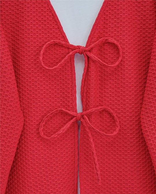 Önü Çift Bağcıklı Petek Desen Kimono -Kırmızı