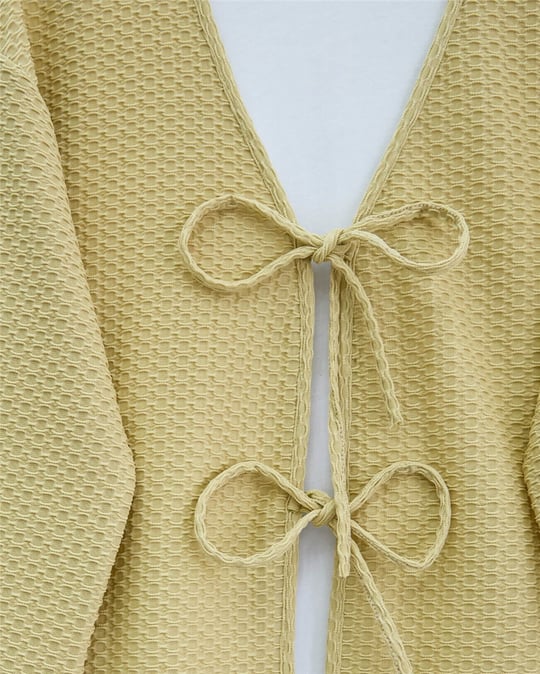 Önü Çift Bağcıklı Petek Desen Kimono -Yağ Yeşili
