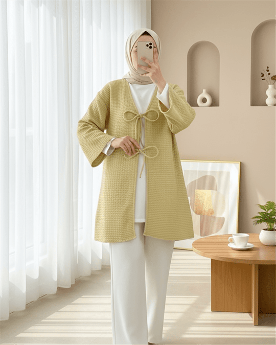 Önü Çift Bağcıklı Petek Desen Kimono -Yağ Yeşili