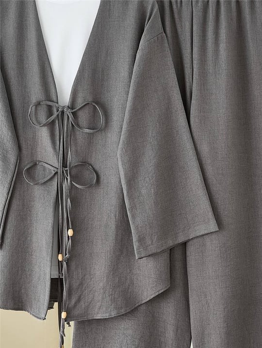 Önü Çift Bağlamalı Pantolonlu Kimono Takım       -Antrasit