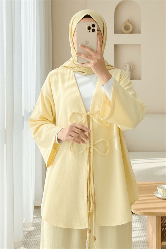 Önü Çift Bağlamalı Pantolonlu Kimono Takım       -Açık Sarı