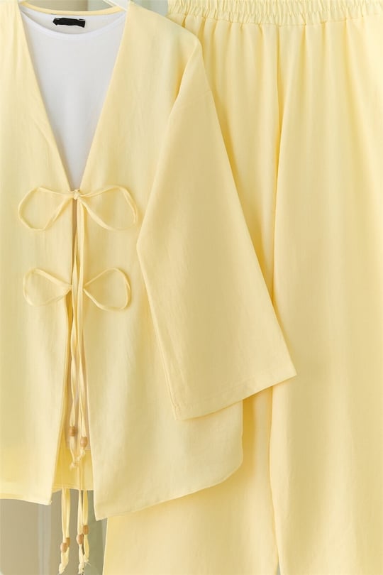Önü Çift Bağlamalı Pantolonlu Kimono Takım       -Açık Sarı
