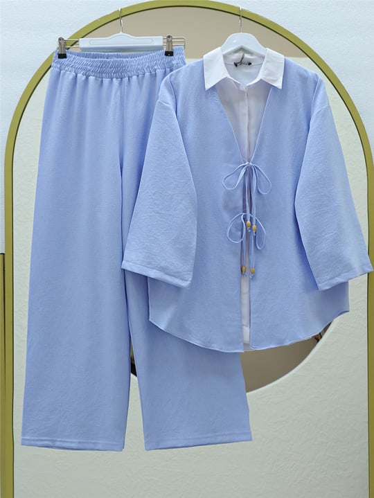 Önü Çift Bağlamalı Pantolonlu Kimono Takım -Bebe Mavi