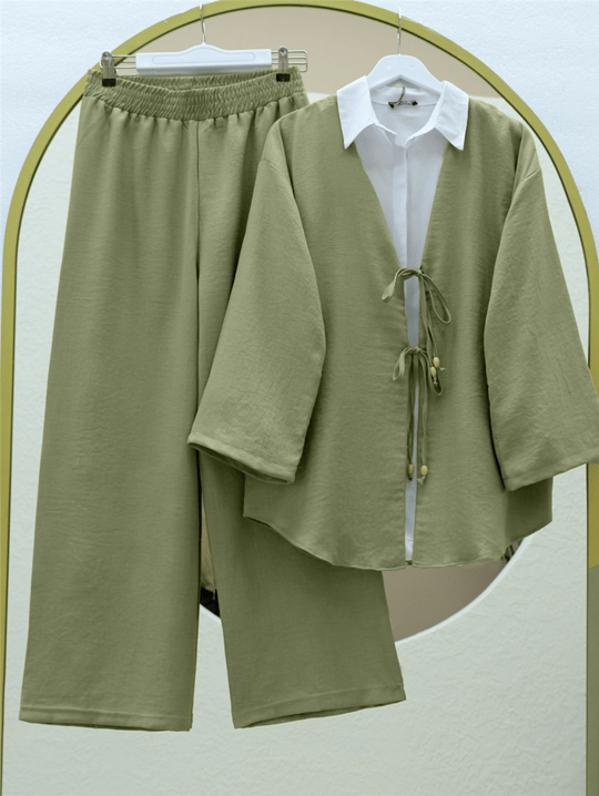 Önü Çift Bağlamalı Pantolonlu Kimono Takım -Haki