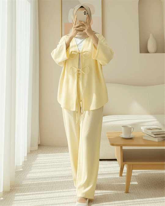 Önü Çift Bağlamalı Pantolonlu Kimono Takım       -Açık Sarı