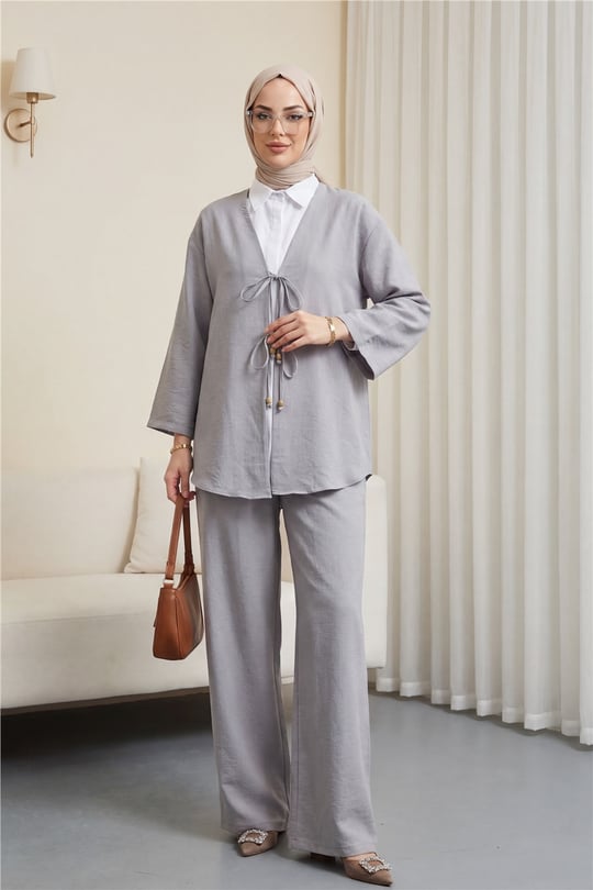Önü Çift Bağlamalı Pantolonlu Kimono Takım    -Gri