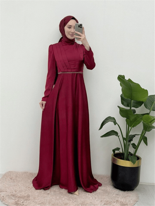 Önü Drapeli Beli Boncuk Detaylı Saten Abiye -Bordo-Saten Abiye-337-6750-R04