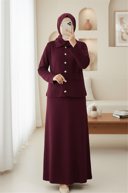 Önü Düğmeli Etekli Yakalı Triko Takım -Bordo
