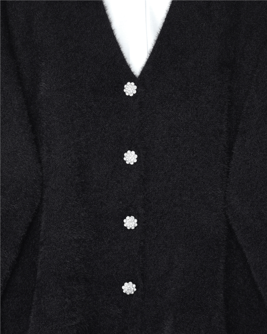 Womens Front Button-Front Eyelash-Knit Relaxed Knit Cardigan - Black